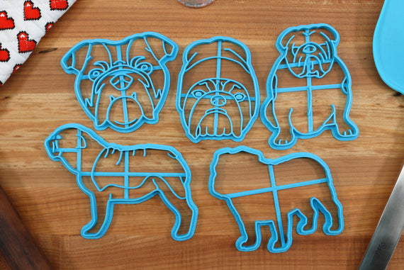 English Bulldogs Cookie Cutters - Bulldog Face, Bulldog Hat, Bulldog Outline, Bulldog Sitting, Bulldog Stack - English bulldog Owner