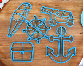 Pirate Cookie Cutters - Anchor, Cannon, Parrot, Ship Helm, Treasure Chest - Gift for Pirate Fan