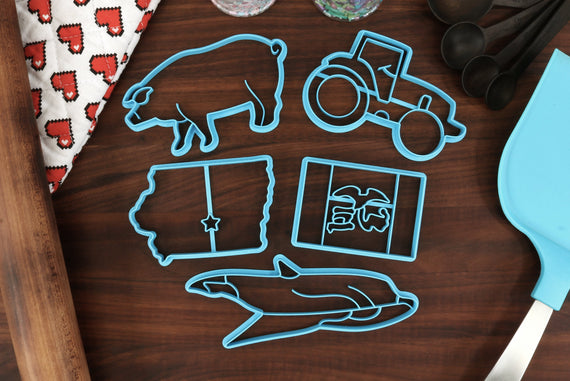 Iowa Cookie Cutters - Iowa State Outline, Iowa State Flag, Farming Tractor, Husked Corn, Pig Outline- IA Gift Idea