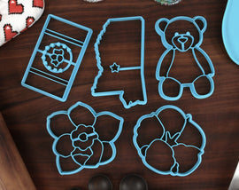 Mississippi Cookie Cutters - Cotton Plant, Magnolia Flower, Mississippi Flag, Outline of Mississippi, Teddy Bear - MS Gift Idea