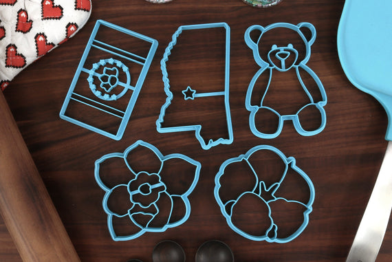 Mississippi Cookie Cutters - Cotton Plant, Magnolia Flower, Mississippi Flag, Outline of Mississippi, Teddy Bear - MS Gift Idea