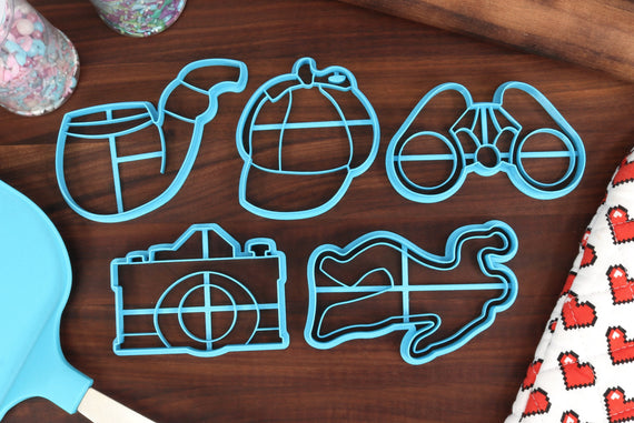 Crime Scene Cookie Cutters - Binoculars, Chalk Body Outline, Deerstalker Hat, Detective Pipe, Vintage Camera - Detective Gifts and Merch